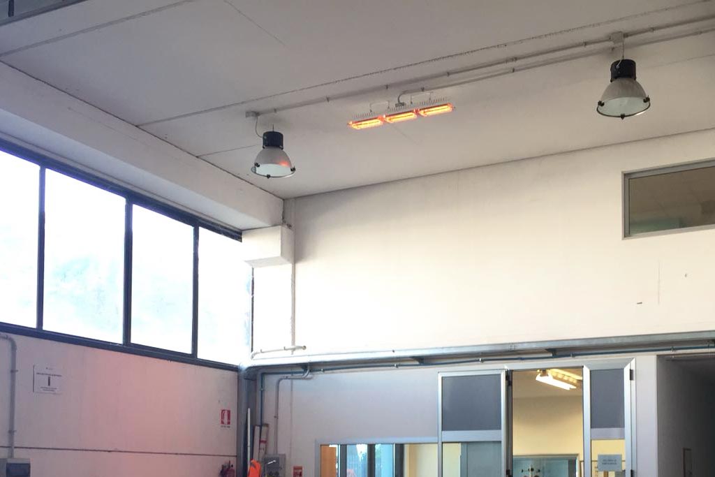Installazione Lampade infrarossi per zone di lavoro in Capannone di 2.000 mq.